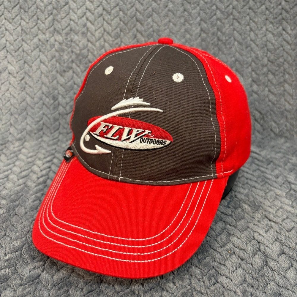 FLW Outdoors Fishing Hat Red Charcoal Grey Adjustable Baseball Cap Embroidered